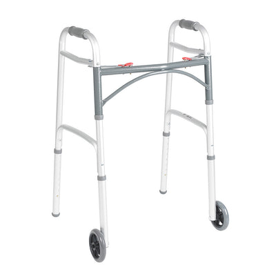 Drive Deluxe Adult Folding Patient Walker, Two Button, with 5" Wheels, Assembled, 350 lb Capacity, 24" x 32" to 39"