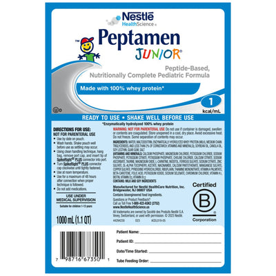 Pediatric Tube Feeding Formula Peptamen Junior® Unflavored 1000 mL Bag Liquid Whey Protein Impaired GI Function