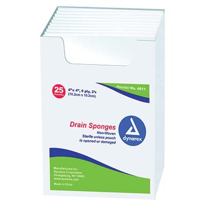 Sterile Drain Sponge 4" x 4" - Tray of 25 by Dynarex
