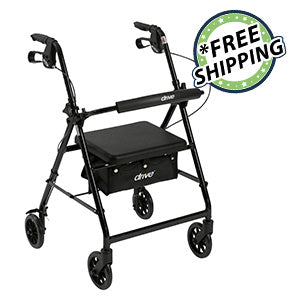 Drive Medical Walker Rollator with 6" Wheels, Fold Up Removable Back Support, and Padded Seat